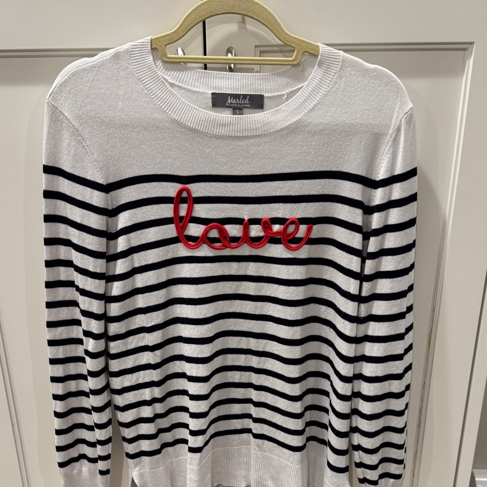 Marled Black and White Striped Sweater with Red Love Detail